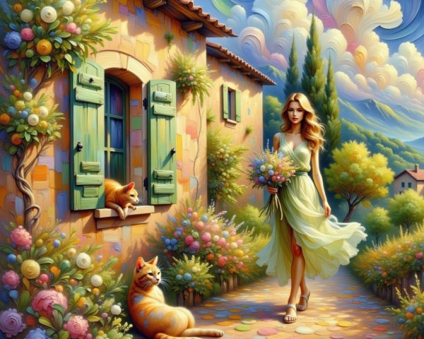 Young woman in yellow dress on colorful cobblestone path