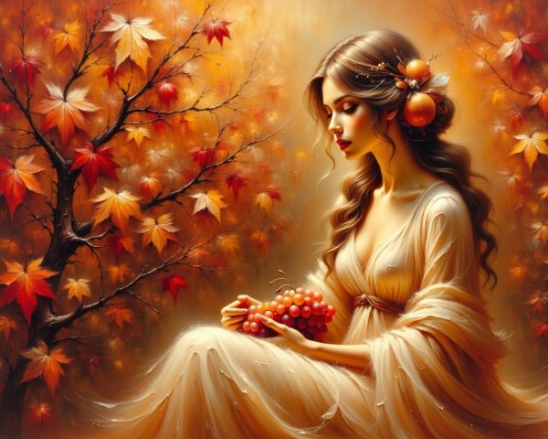 Serene Woman Surrounded by Autumn Leaves and Grapes
