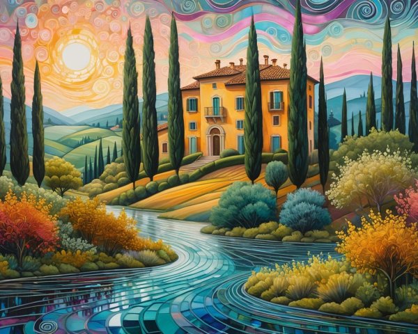 Vibrant Landscape with Villa and Rolling Hills