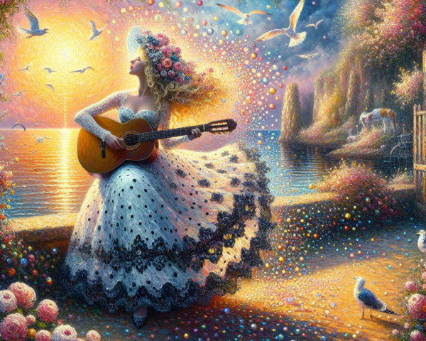 Woman in a dress playing guitar by a waterfront