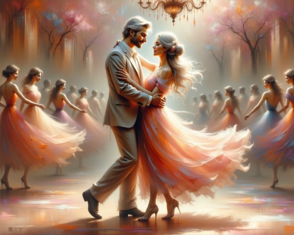 Ballroom Dance Scene with Elegant Couples and Gowns