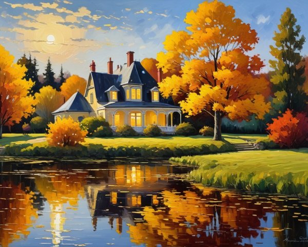 Charming House by Water Surrounded by Autumn Trees