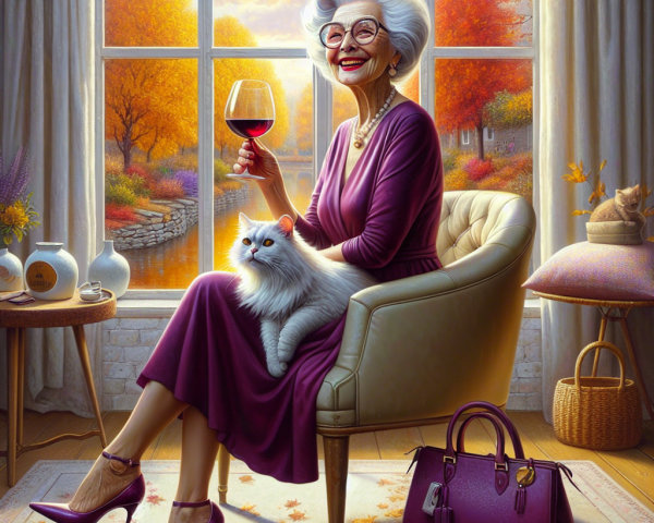Elderly Woman in Purple Gown with Cat and Wine