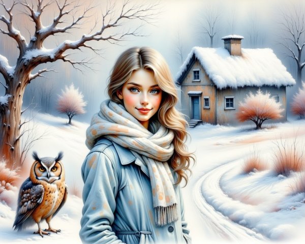 Young woman in winter landscape with owl and cottage
