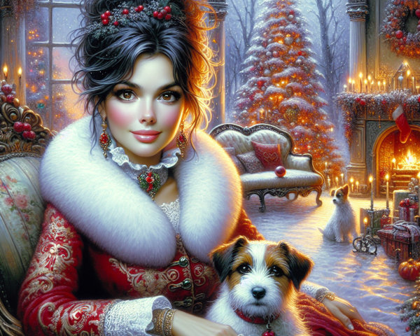 Young Woman in Festive Attire with Christmas Decor