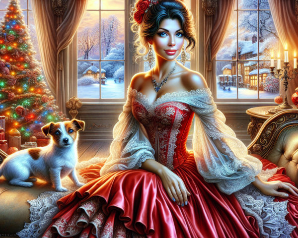 Elegant Woman in Lace Gown Amidst Winter Decor