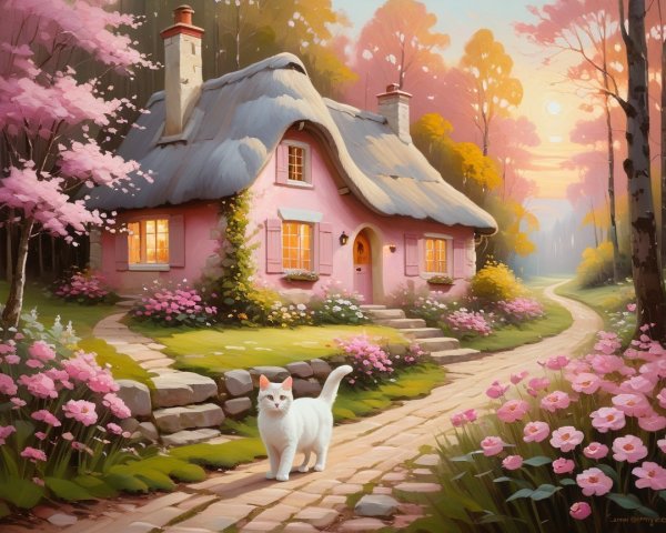 Thatched-roof cottage surrounded by cherry blossoms