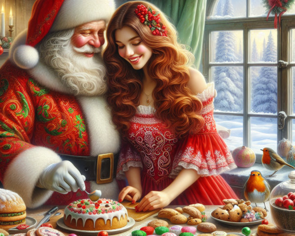 Santa Claus and a woman decorate a festive cake indoors