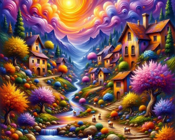 Whimsical Village Landscape with Colorful Houses