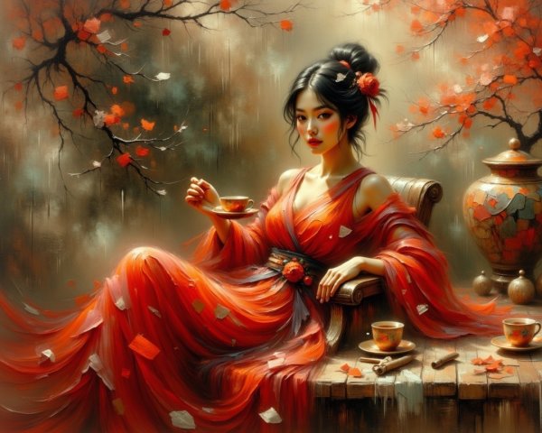 Serene Woman in Red Dress Surrounded by Autumn Leaves
