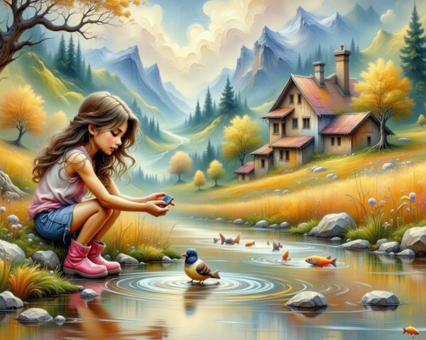 Young girl exploring a river in a serene landscape