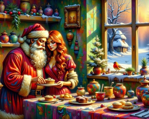 Holiday Kitchen Scene with Santa and a Red-Haired Woman