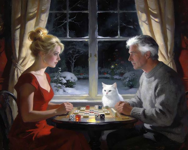 Digital Oil Painting of Couple Playing Board Games