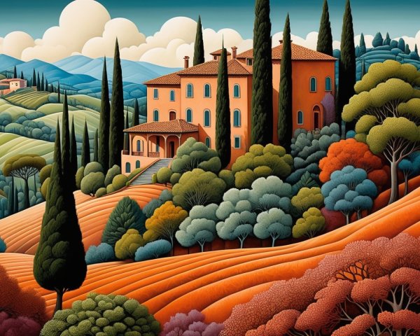 Vibrant Autumn Landscape with Villa and Rolling Hills