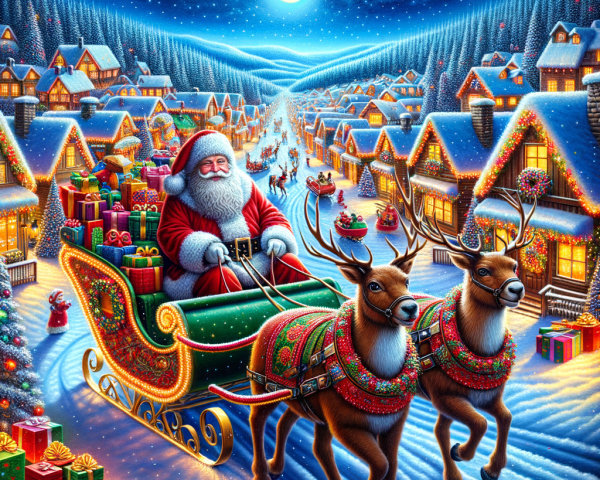 Snowy Village with Santa in Sleigh and Twinkling Lights