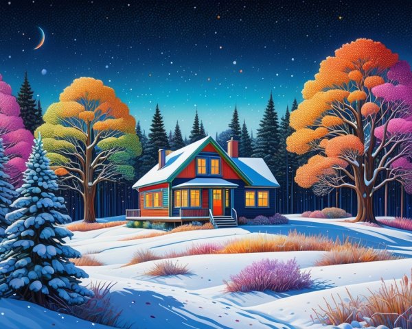 Cozy Cabin in a Snowy Winter Landscape at Night