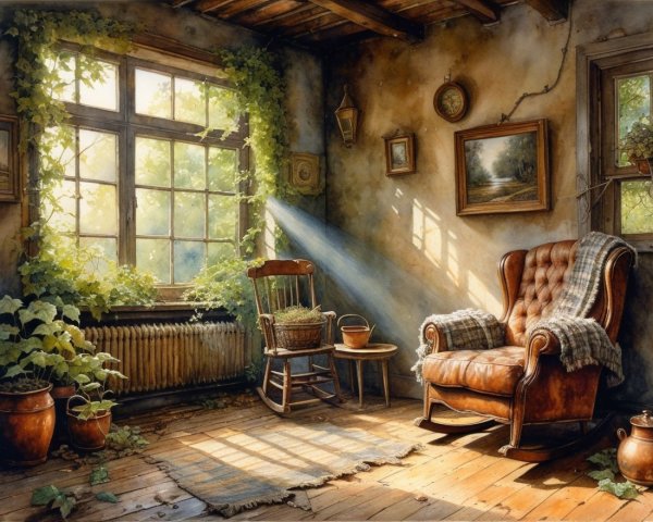 Cozy Sunlit Room with Vintage Furniture and Decor