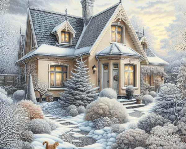 Victorian House in Winter Landscape with Ginger Cat