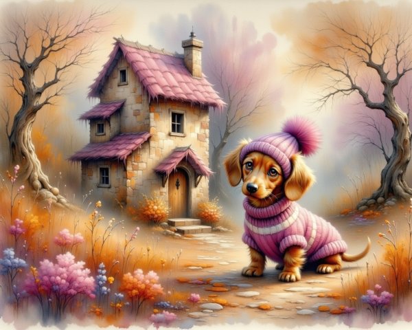 Whimsical Autumn Landscape with Dachshund and Cottage
