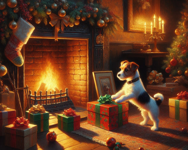 Cozy Christmas Room with Dog and Festive Decor