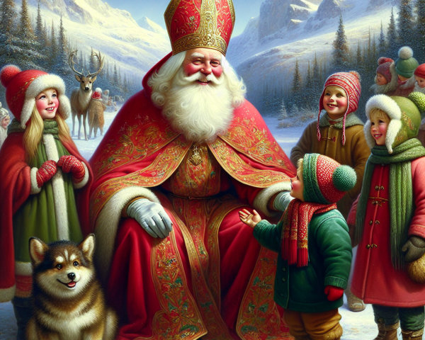 Santa Claus in a snowy landscape with children and dog