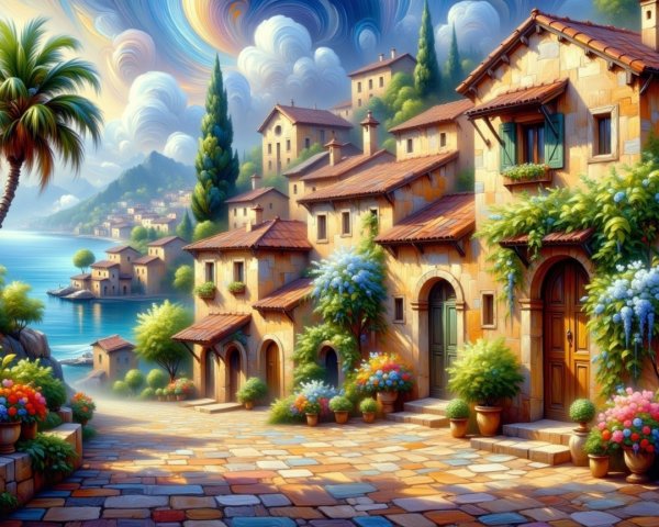 Charming Coastal Village with Stone Houses and Flowers