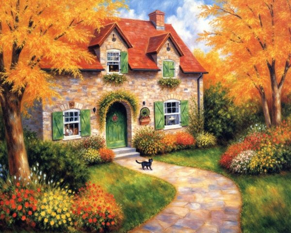 Stone Cottage Surrounded by Autumn Foliage and Flowers