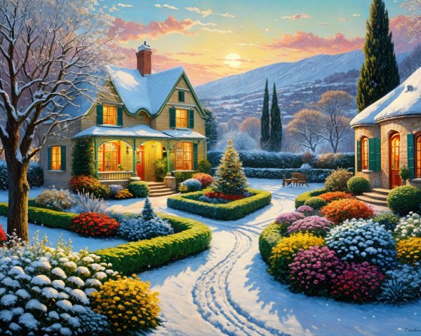 Charming Winter Scene with Cozy House and Snowy Garden
