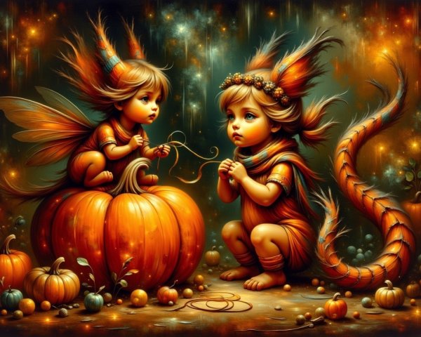 Whimsical Autumn Landscape with Enchanting Children