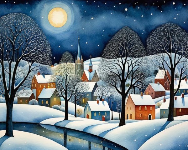 Whimsical Winter Village Watercolor Painting at Night