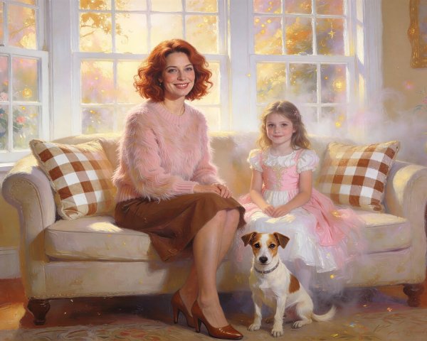Painting of a red-headed woman and a little girl with dog