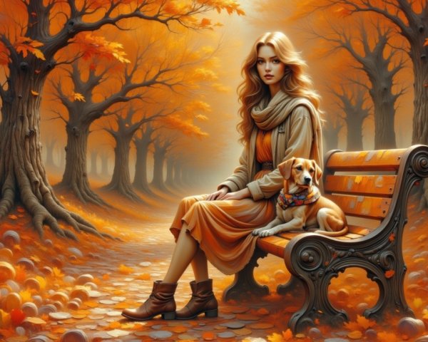 Autumn Scene with Woman and Dog in Vibrant Landscape