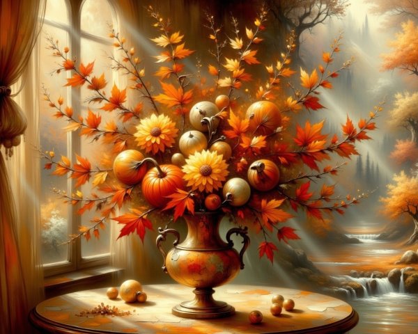Vibrant Autumn Bouquet in Decorative Vase with Landscape