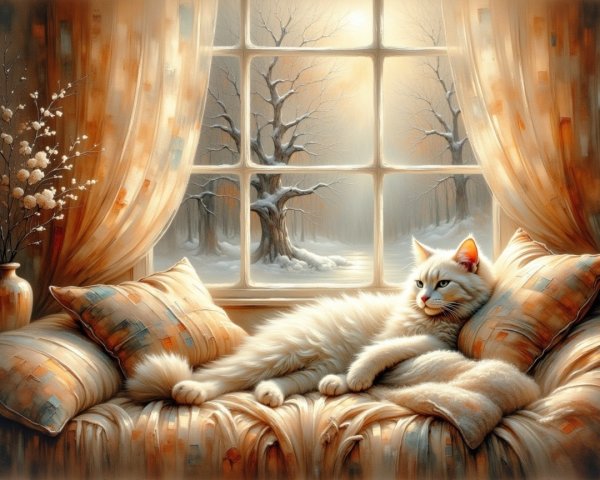 Cozy Winter Scene with Cat and Snowy Landscape