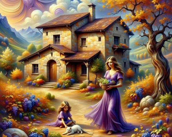 Charming Autumn Scene with Stone House and Nature