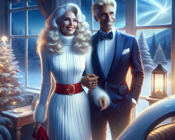 Elderly Couple in Formal Attire by Snowy Window