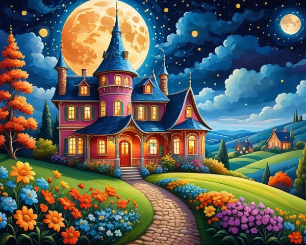 Colorful Mansion on a Hill Under a Full Moon