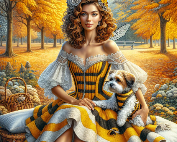Woman in Bee-Inspired Outfit in Autumn Landscape