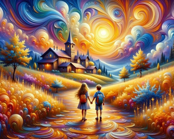 Vibrant Landscape with Children on a Colorful Path
