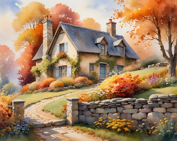 Countryside Cottage Surrounded by Autumn Foliage