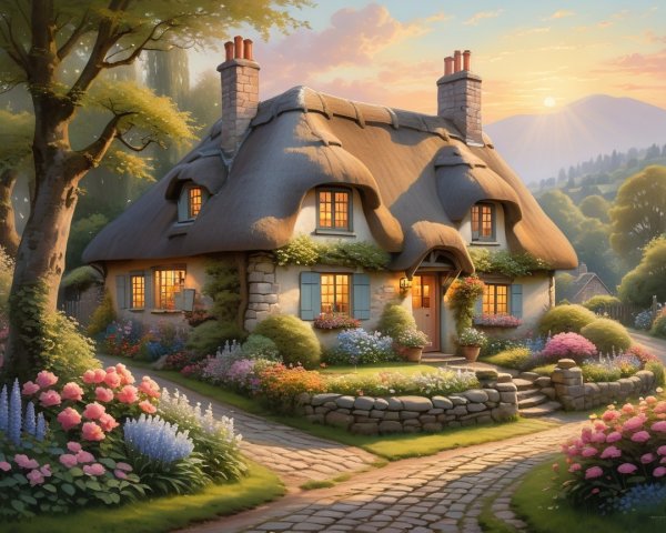 Charming Thatched Roof Cottage Surrounded by Flowers