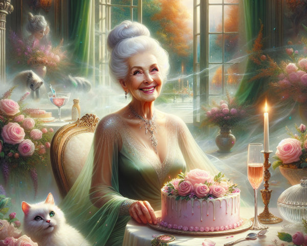 Elegant elderly woman at a decorated table with roses