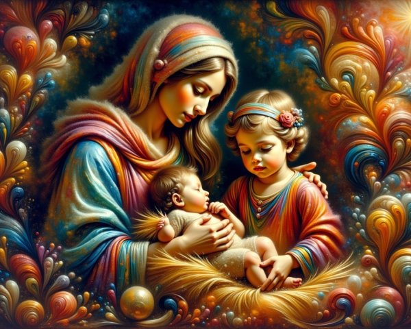 Mother and Baby in a Colorful, Ethereal Scene