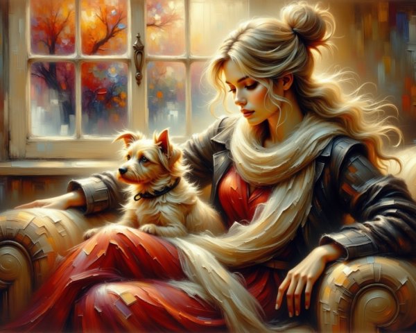 Oil Painting of Woman with Dog in Autumn Setting