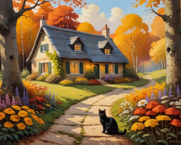 Charming Cottage Surrounded by Autumn Trees and Flowers