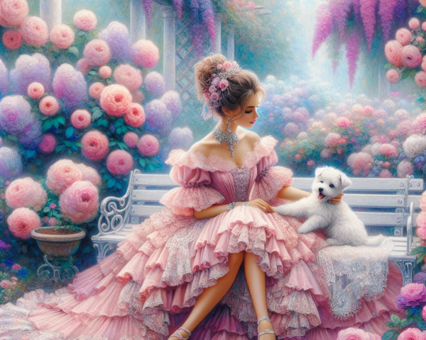 Pastel Garden Scene with Woman and White Dog