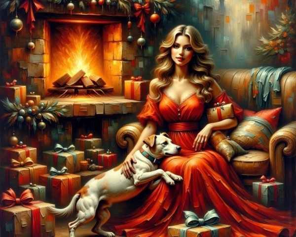 Woman in Red Dress by Fireplace with Holiday Decor