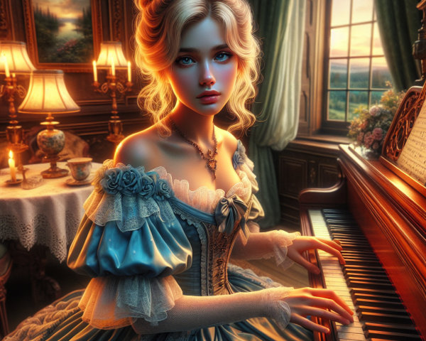 Vintage Gown and Grand Piano in Elegant Room