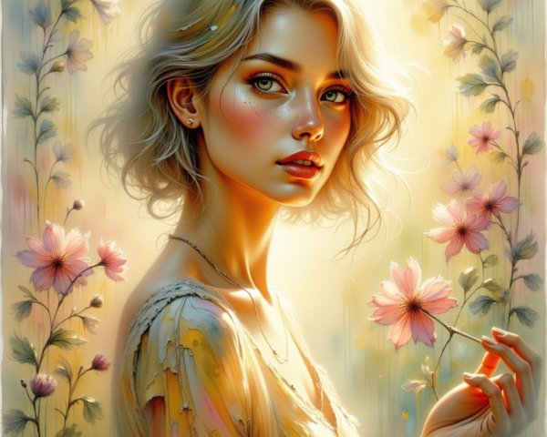 Portrait of a woman with blonde hair and pink flower