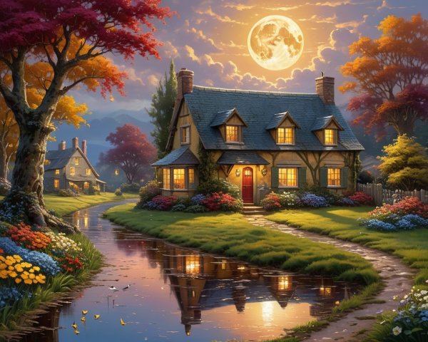 Countryside Cottage by a Serene Autumn Pond